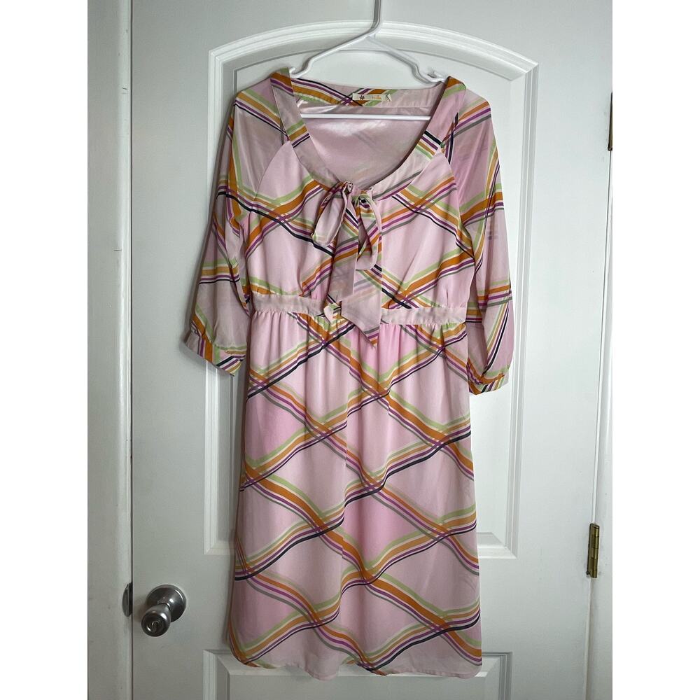 VTG Tulle Dress Large Powder Pink Chiffon Plaid Tie Neck Preppy Academia